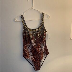 Animal Print One-Piece Swimsuit with Embellished Neckline